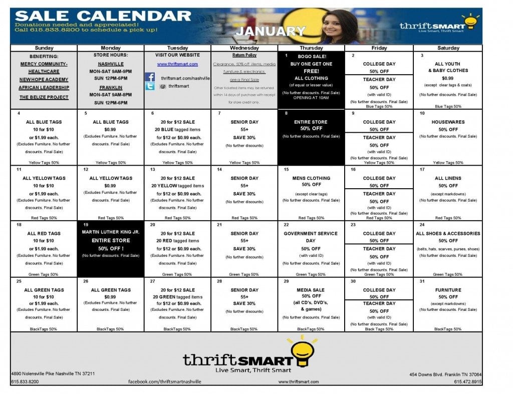 January 2015 Sale Calendar Thrift Smart