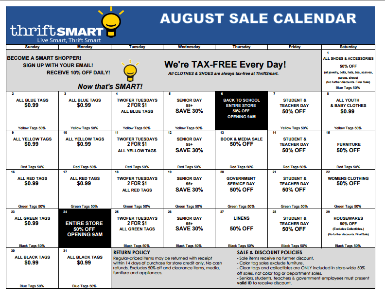 August 2015 Sale Calendar