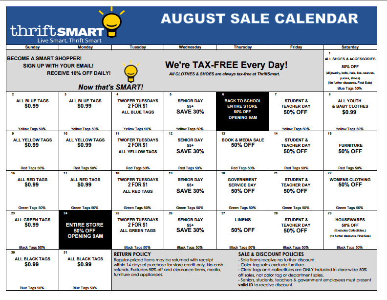 Thrift Smart August 2015 Calendar