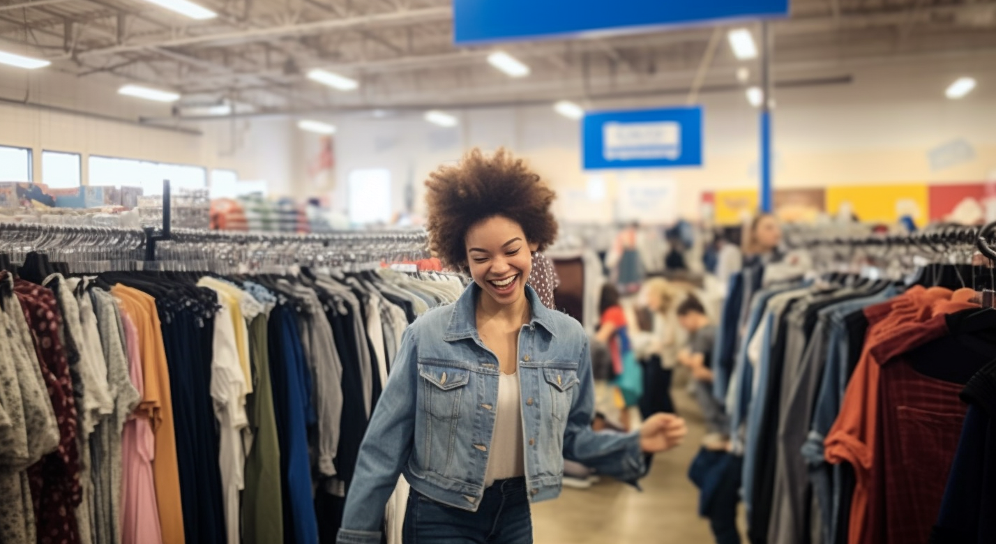 Portrait of a young woman smiling and holding up a vintage denim jacket she found while thrift store shopping at thrift stores in Nashville, TN.