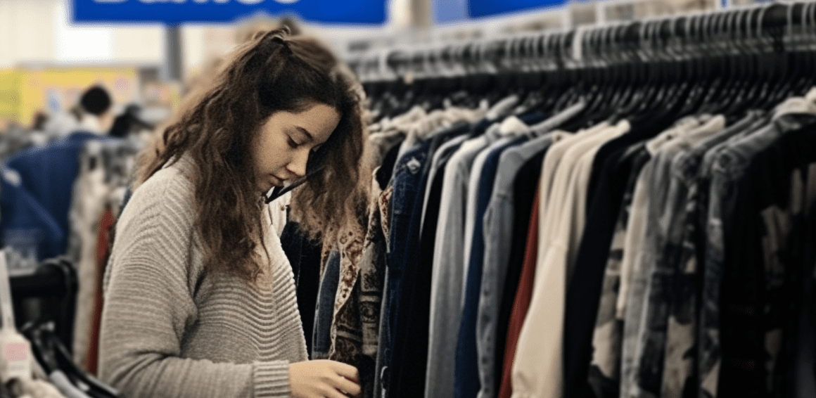 Young woman shopping at ThriftSmart, encapsulating the unique experience of Thrift Stores in Nashville TN.