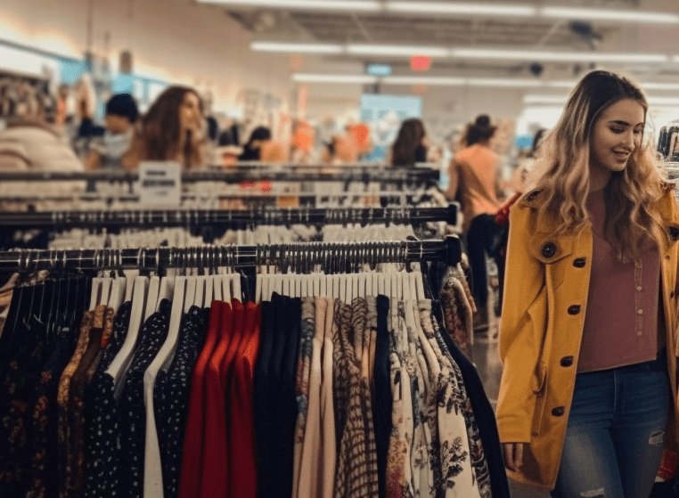 Shopper examining a clothing item inside the ThriftSmart charity shop.