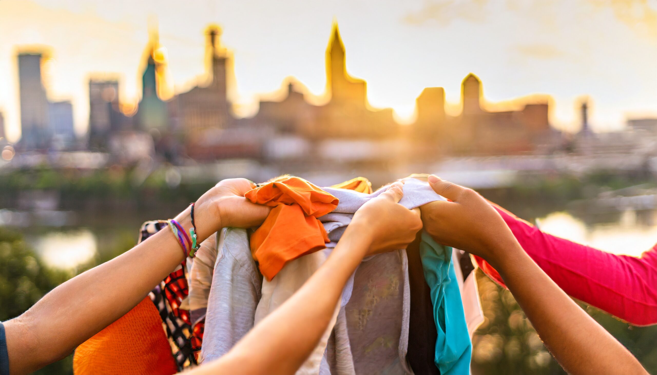 Diverse hands holding clothes with Nashville skyline in the background, representing how to donate clothes in Nashville with ThriftSmart.