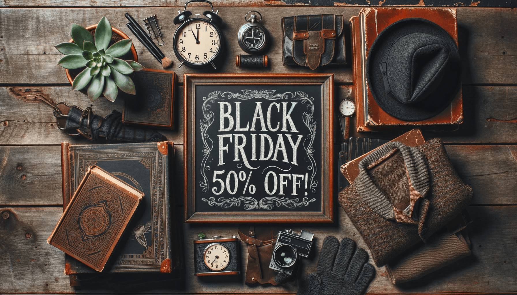 Black Friday 2023 flat-lay featuring a chalkboard, vintage items, and clothing on a wooden background, representing ThriftSmart's sale.