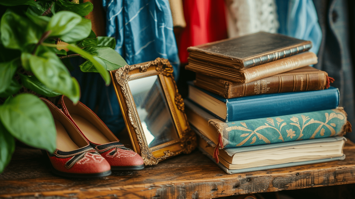 A curated display of items including books, shoes, and home decor on a wooden surface, representing the diverse offerings at a nonprofit thrift store.