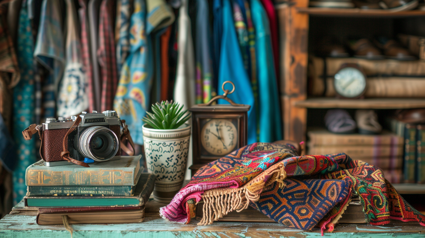 Assorted high-quality thrift store finds on wooden table and shelf, embodying the variety at good places to thrift.