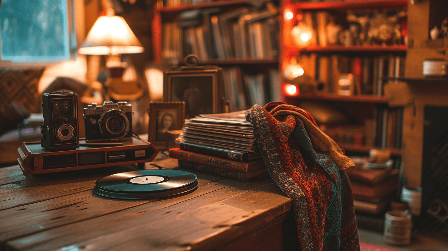 A collection of vintage items including a vinyl record, camera, books, sunglasses, and scarf on a wooden table, symbolizing the culture of thrifting Nashville.