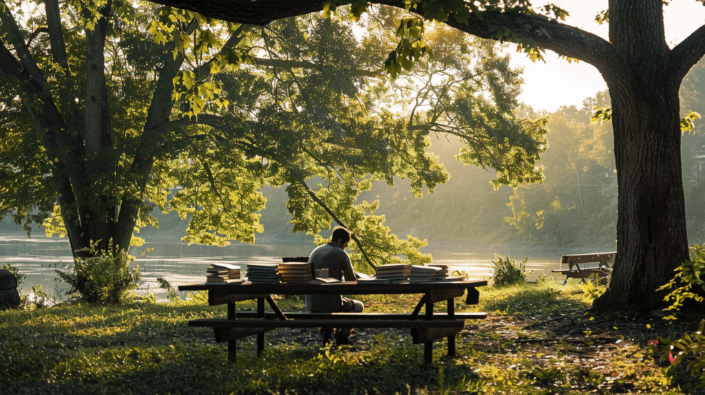 Individual browsing used books from a mission thrift store in a Nashville park, Cumberland River in the background.
