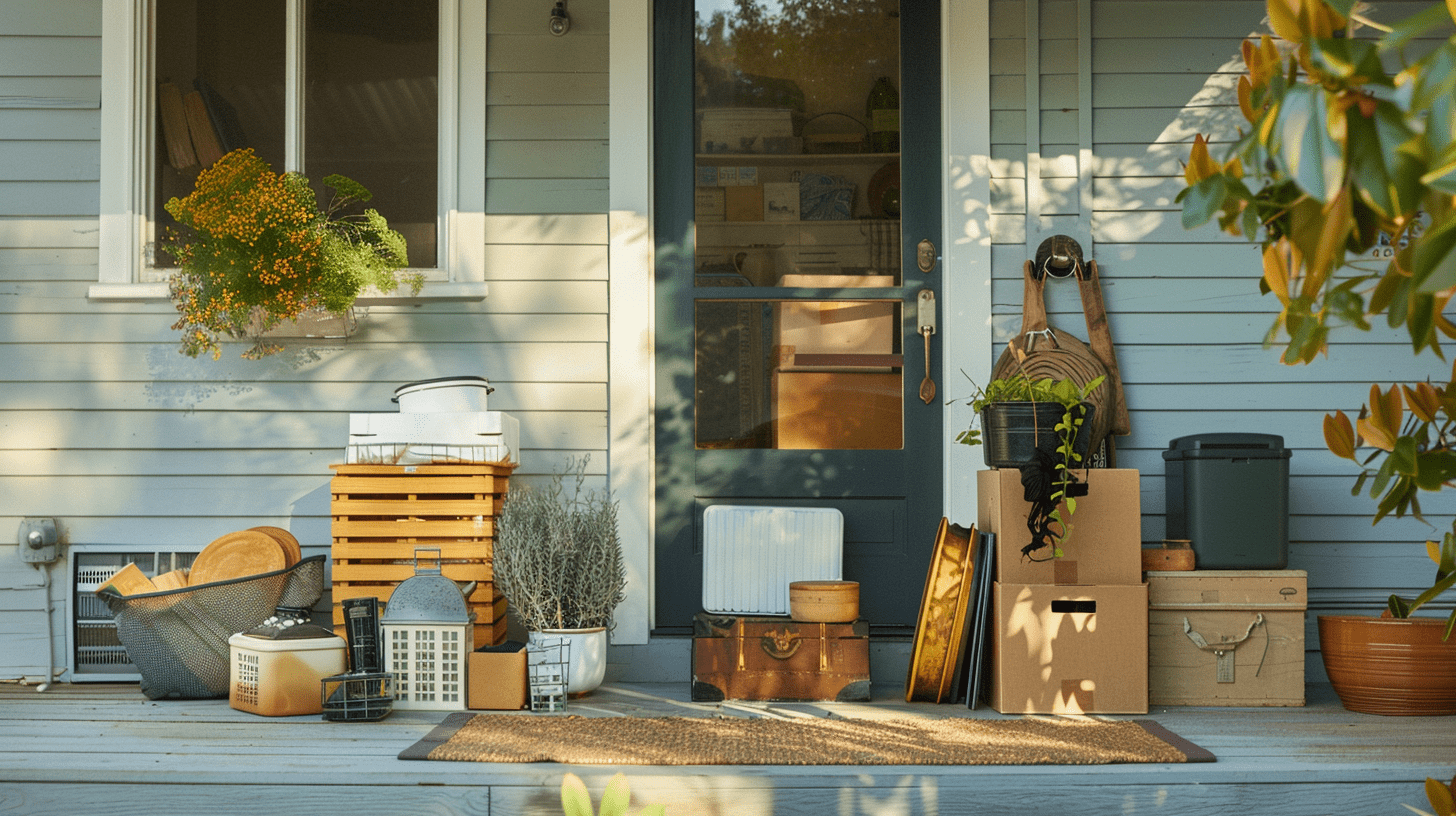 A clean, simple porch with neatly arranged household items such as boxes, bags, kitchenware, books, and small appliances ready for donation. The setting includes typical home elements like a doormat and potted plants, during a sunny afternoon in Nashville.