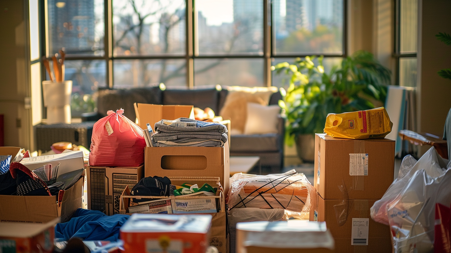 Neatly packed boxes and bags ready for donation pickup in a Nashville home, with the skyline visible through a window.