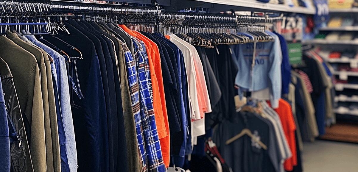 Neatly organized thrift store aisle with a variety of men’s clothing