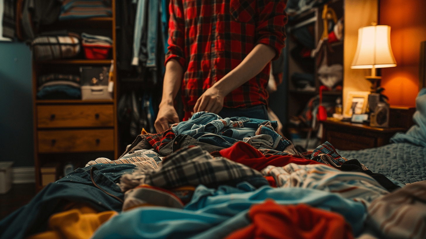 A person sorting clothes in their bedroom to take to donation places like ThiftSmart.
