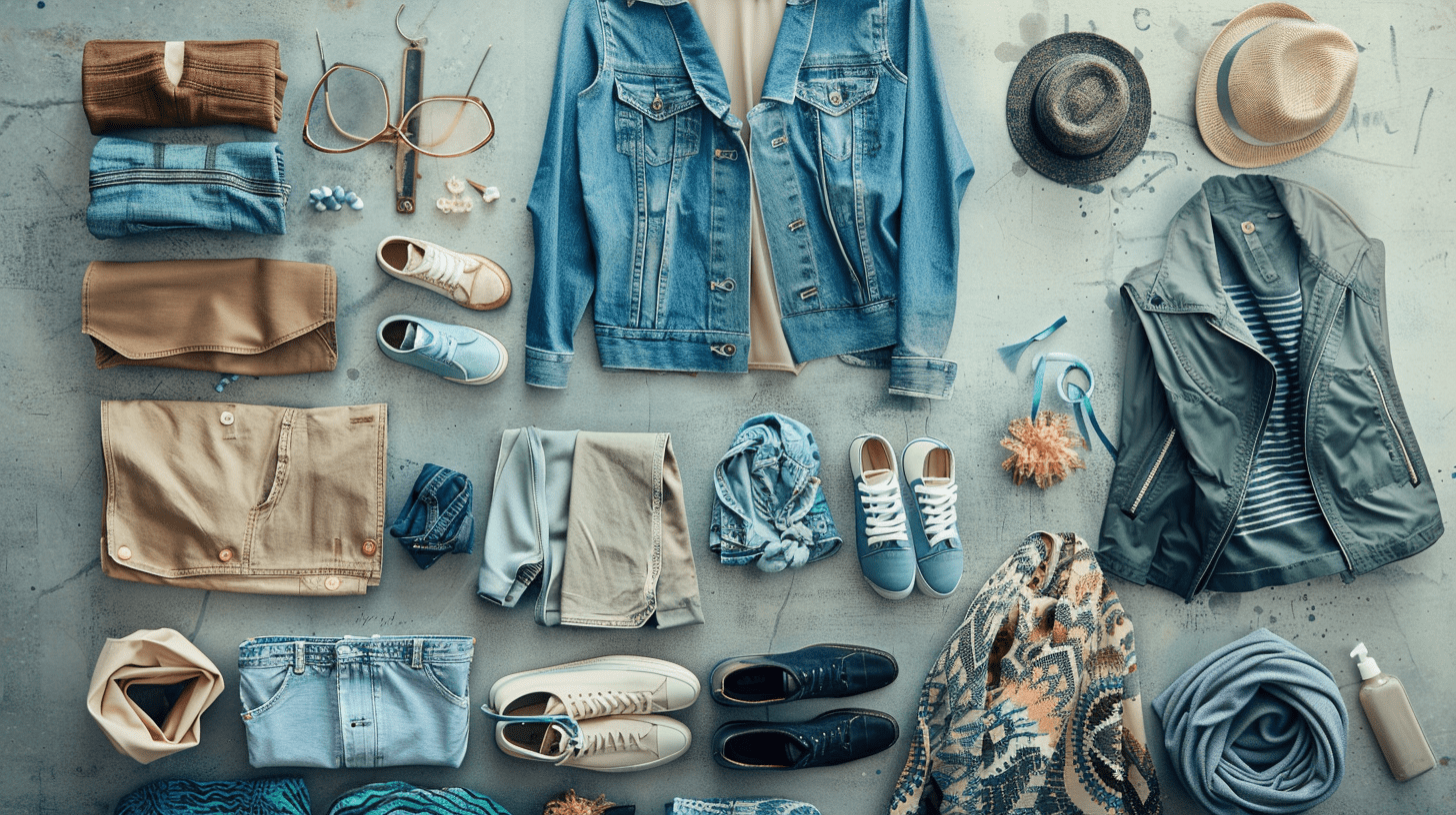 Knolling of men's fashion in shades of blue, featuring retro-inspired and contemporary styles on a gray concrete surface, perfect for shopping Nashville.