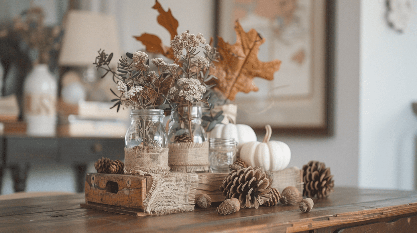 Thrifted fall centerpieces with mason jars and white pumpkins on a wooden dining table in a Nashville home.