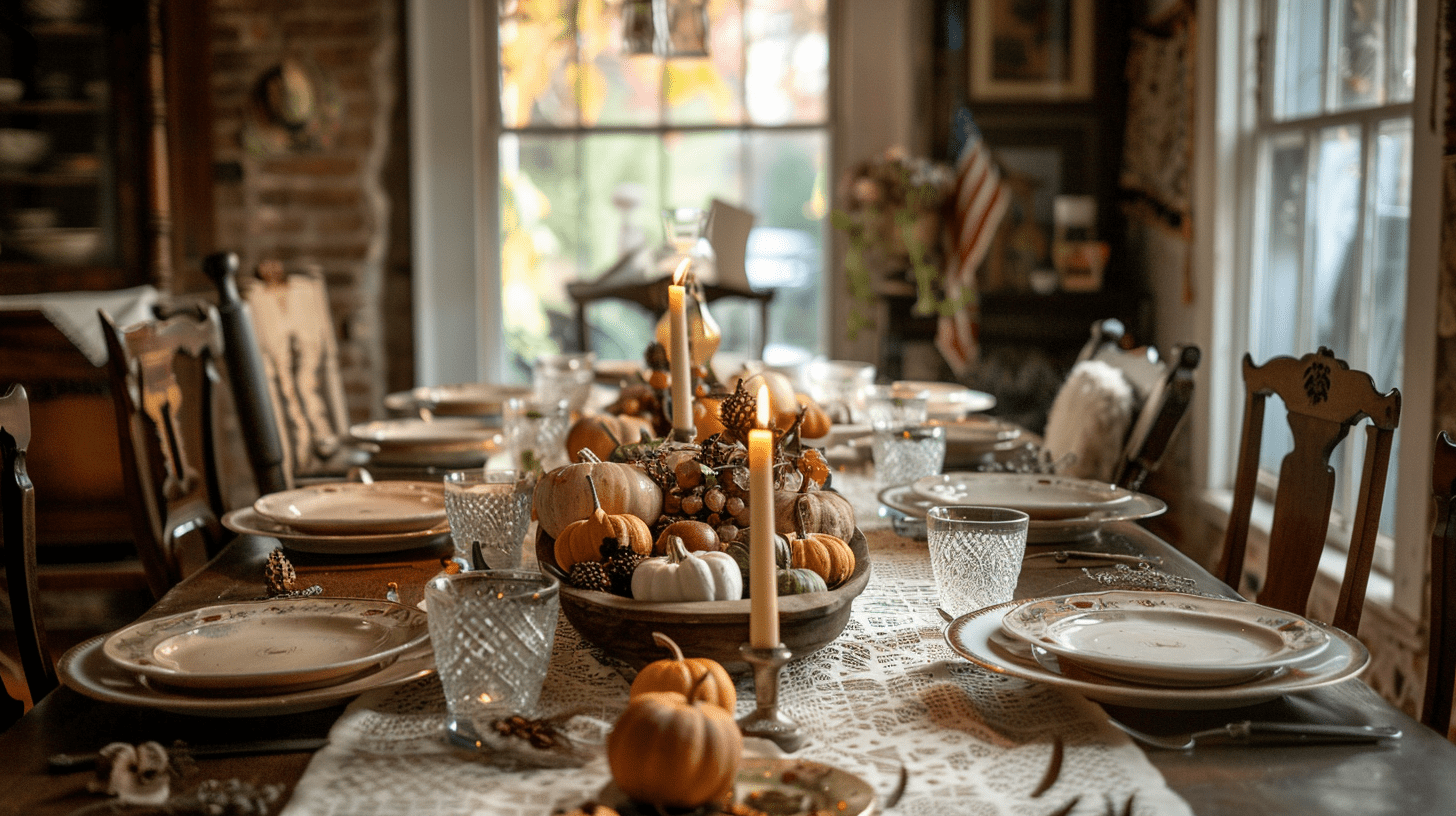 Thrifted Thanksgiving table settings in a Nashville dining room with thrifted vintage china, a wooden centerpiece, and candles, set in a cozy home.