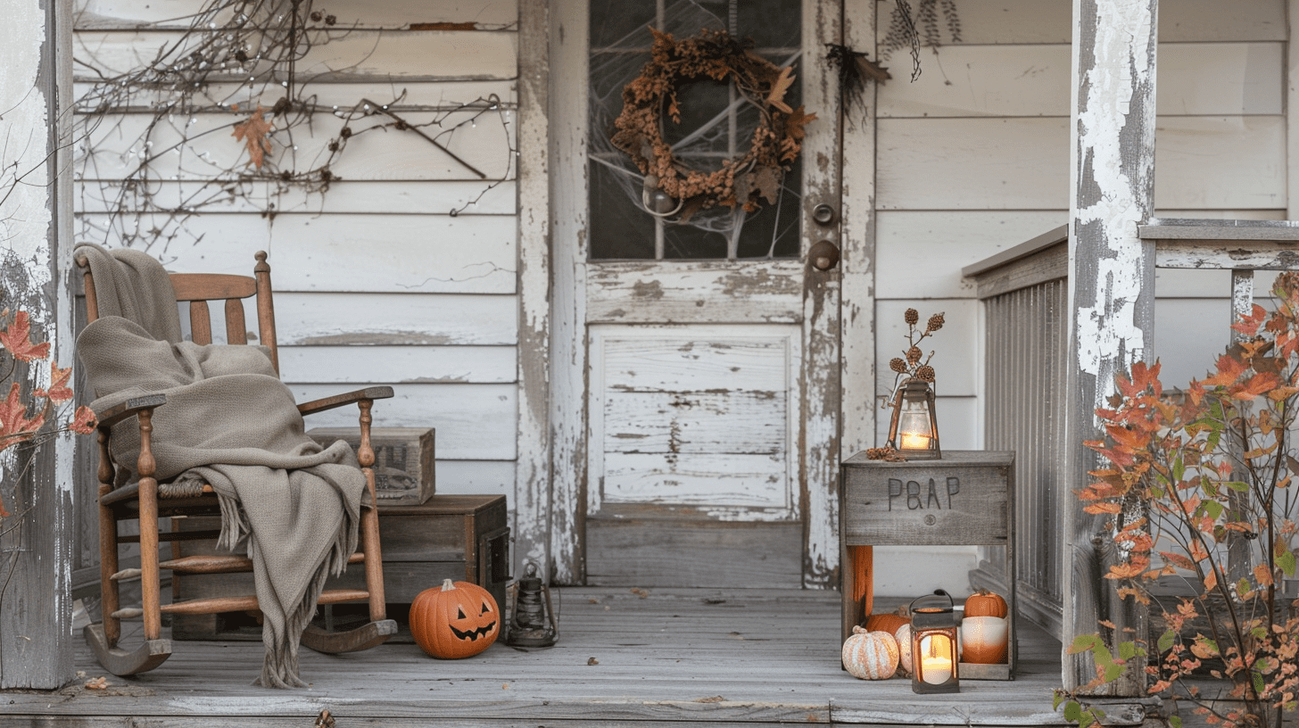 A Nashville porch decorated with thrift store Halloween ideas, including a rocking chair, lantern, glass jars, pumpkins, and a wreath.