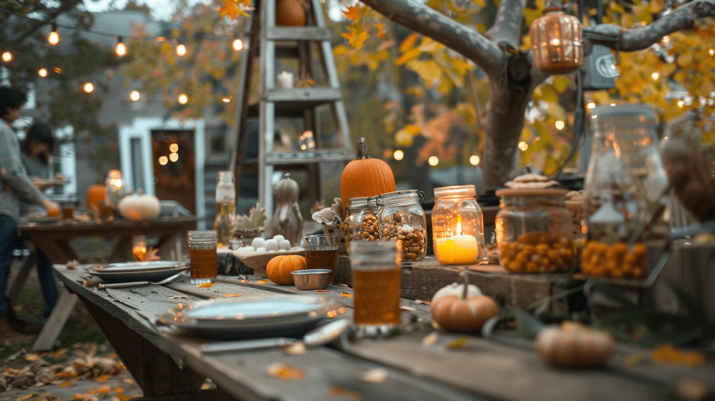 Outdoor setup in Nashville with a wooden table, thrifted vintage tableware, and thrift store harvest party decor including pumpkins and mason jar centerpieces.