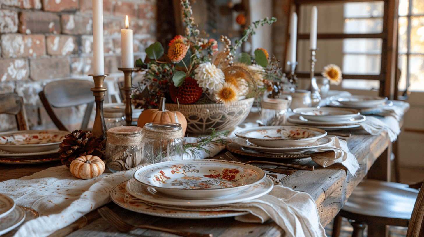 A Nashville Thanksgiving table set with thrifted vintage plates, a handmade centerpiece of gourds and pine cones, and upcycled candle holders. Thrift store Thanksgiving decor ideas.