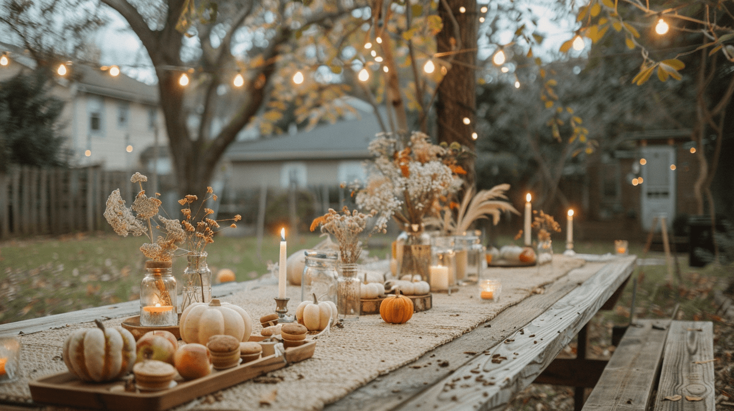 A backyard fall party setup in East Nashville, featuring a decorated table with pumpkins, mason jars, and seasonal snacks.