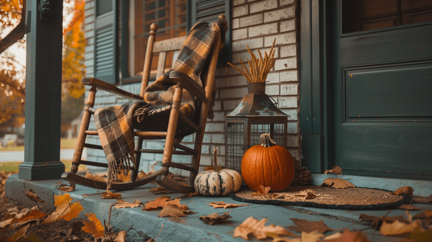 A cozy front porch in Nashville decorated with affordable fall decorations, including pumpkins, a lantern, and a plaid blanket on a rocking chair.