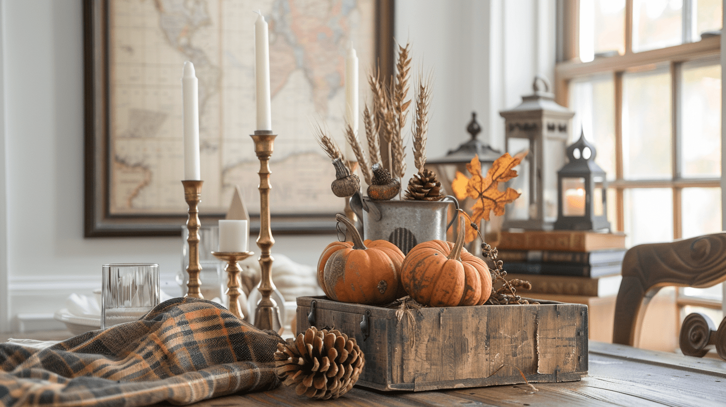 Rustic harvest-themed thrift store finds including a wooden crate with pumpkins and brass candlesticks on a table in a Nashville home.