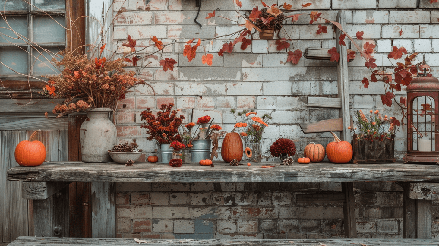 A Nashville porch decorated with DIY harvest festival decorations, including a centerpiece with dried flowers and a lantern.