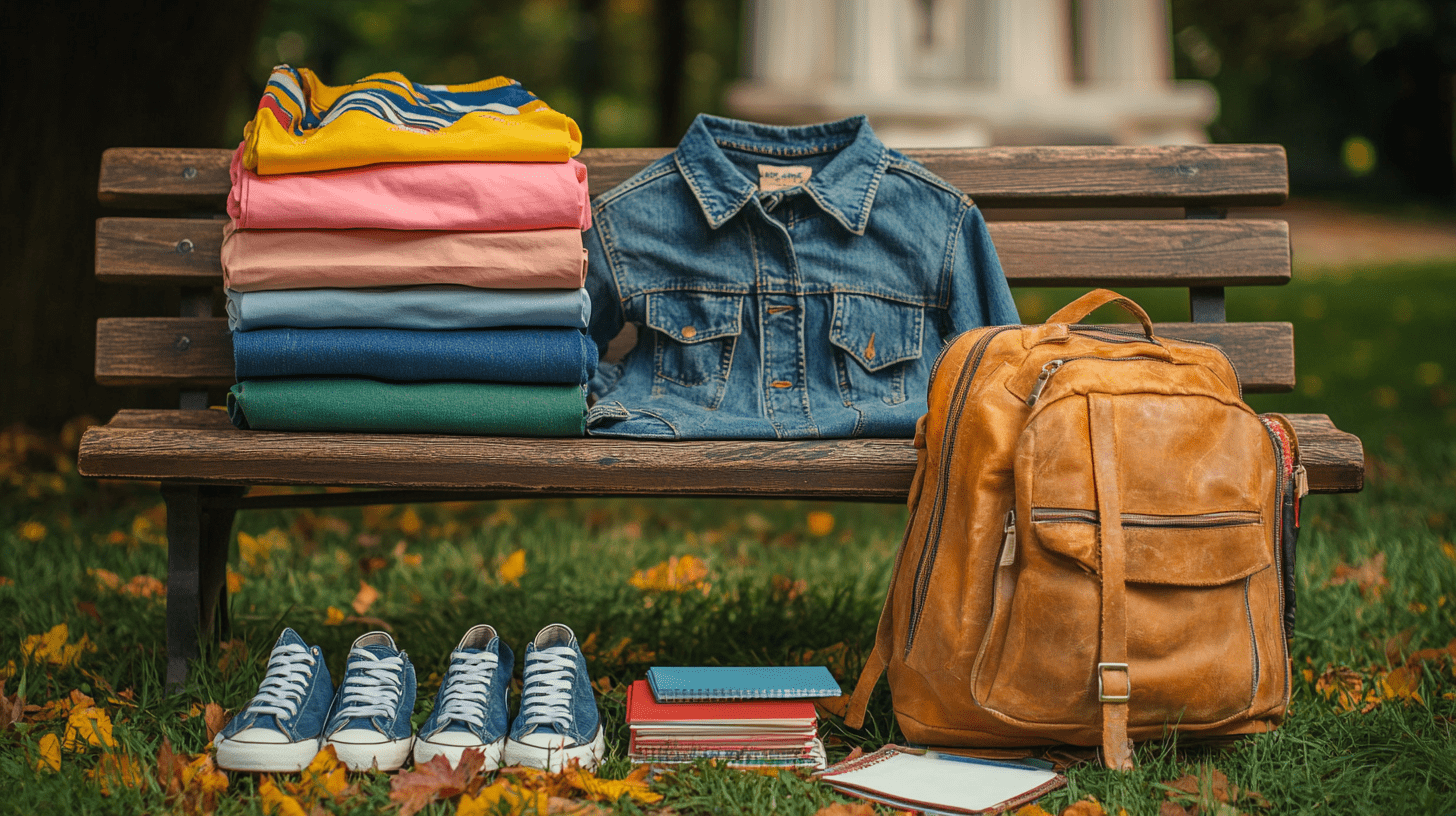 A display of back-to-school thrift shopping items, including school uniforms, a leather backpack, sneakers, and school supplies, set up on a bench in Nashville.