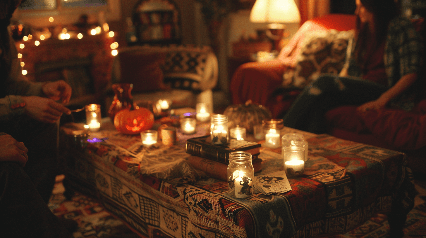 A cozy Nashville living room with thrifted Halloween party ideas.