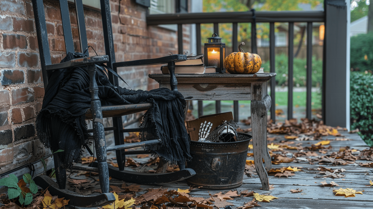 A Nashville porch with thrifted Halloween decor, including a rocking chair, a black shawl, and a lantern.