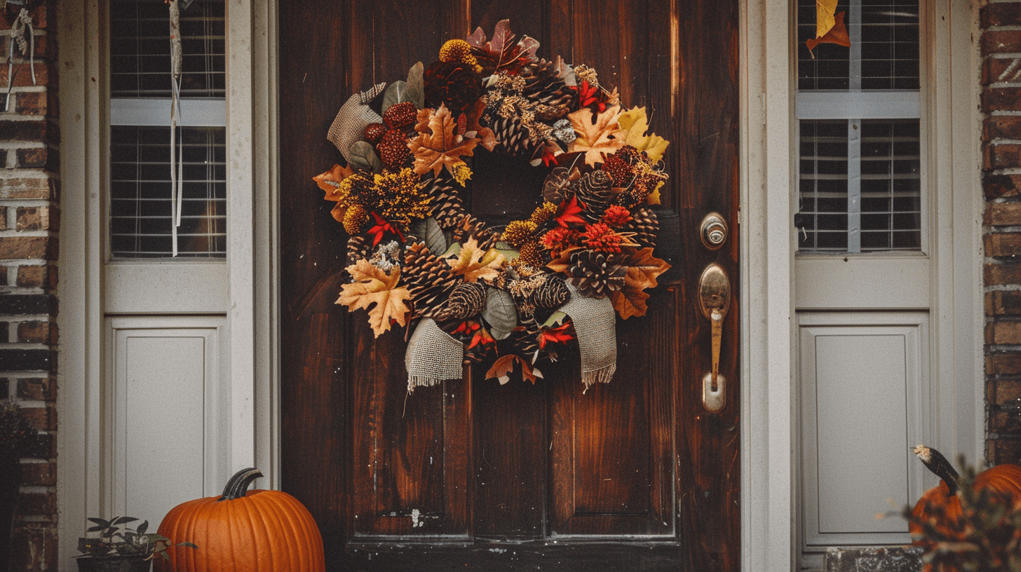 Thrifted autumn wreaths with faux leaves, pinecones, and burlap on a wooden door in Nashville