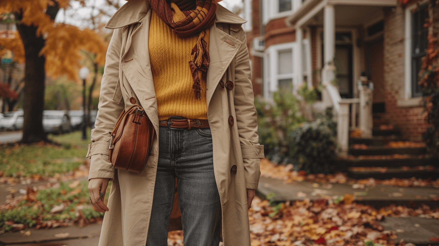 A stylish person wearing fall wardrobe essentials including a trench coat, knit sweater, leather boots, wool scarf, and a crossbody bag, standing on a tree-lined street in Nashville.