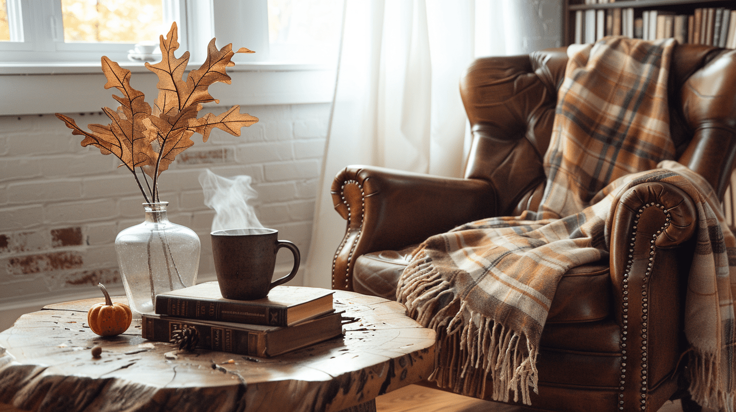 A cozy living room corner in a historic Nashville home featuring a vintage leather armchair with a plaid blanket, a rustic coffee table with pumpkins, dried branches in a vase, and a bookshelf against a white brick wall.