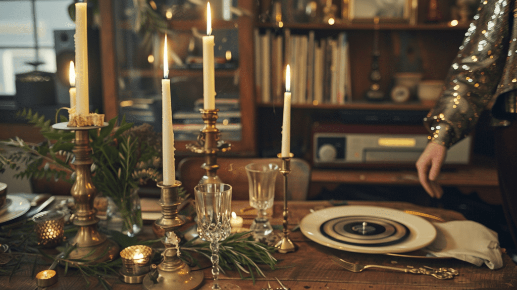 A Nashville living room arranged for a thrifted New Year’s Eve party with vintage tableware, brass candle holders, and a record player.