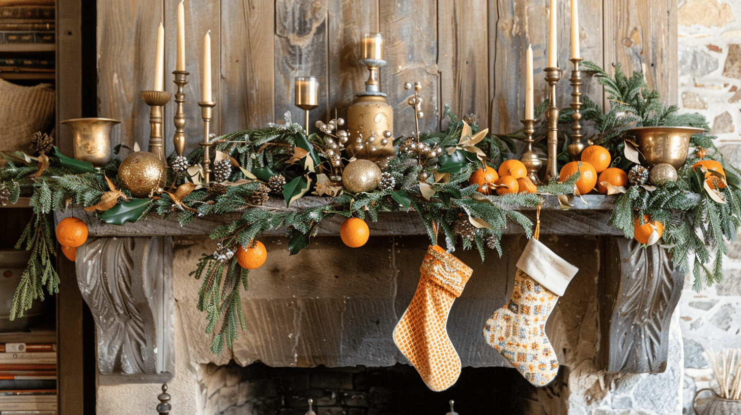 Nashville living room with thrifted Christmas decorations, including retro stockings and a garland with pine cones.