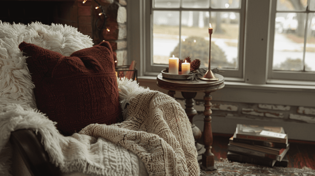 Nashville living room with cozy winter home decor, including candleholders, blankets, and greenery.