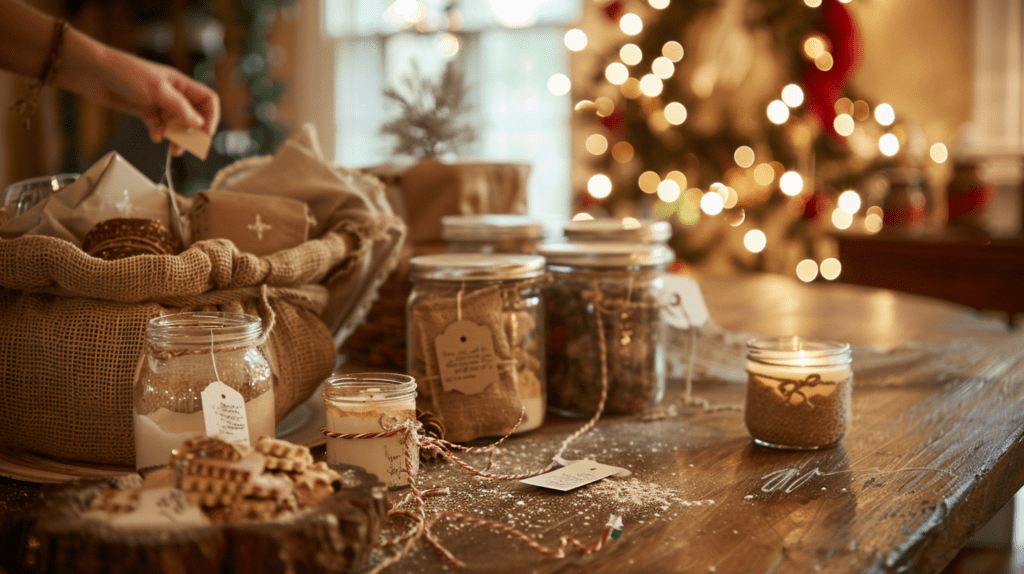 DIY Christmas gifts on a wooden table, including candles, jars, and holiday decorations in a Nashville home
