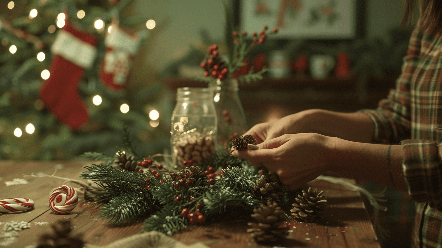 Hands creating DIY Christmas decor on a rustic table with pinecones, mason jars, and holiday decor in the background.