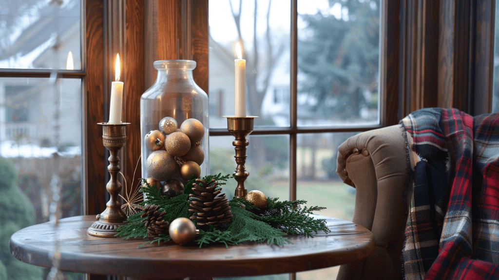 Nashville living room corner with budget-friendly Christmas decor, including brass candleholders, ornaments, and pine sprigs.