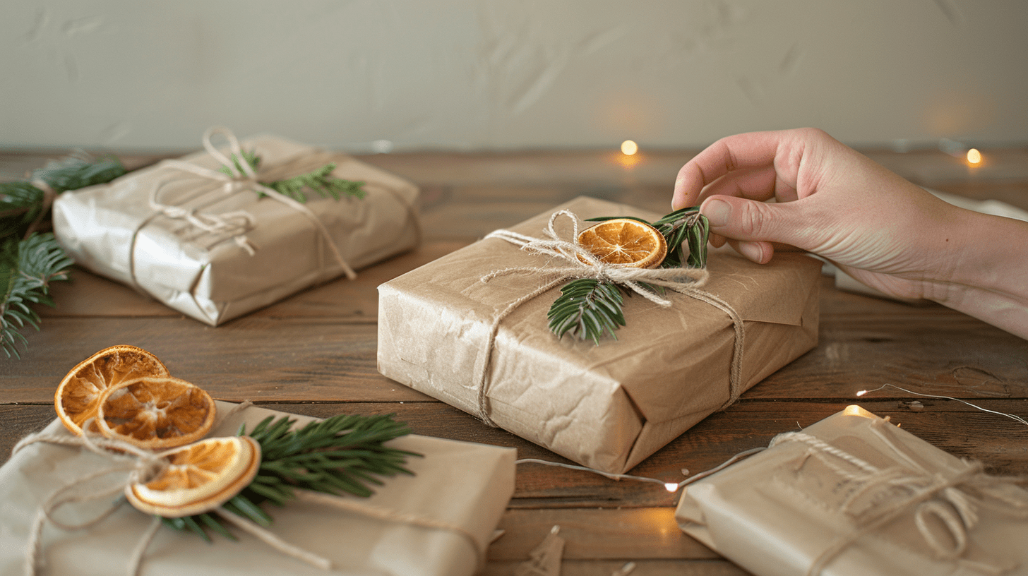 DIY Christmas gift wrap ideas on a wooden table, showing brown paper and pine sprigs in a Nashville home