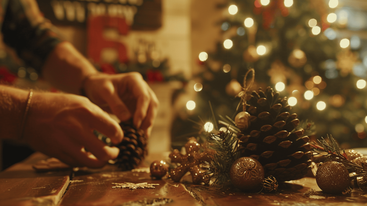 Hands painting DIY Christmas ornaments on a rustic table, with decorations in the background.