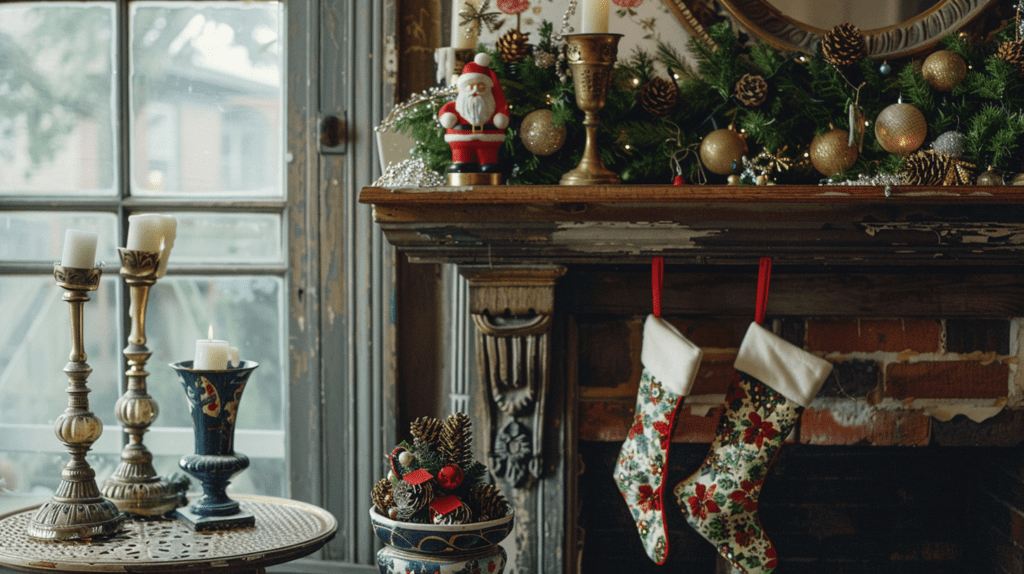 Nashville living room with vintage holiday decor, including brass candleholders, ceramic Santa, and embroidered stockings.