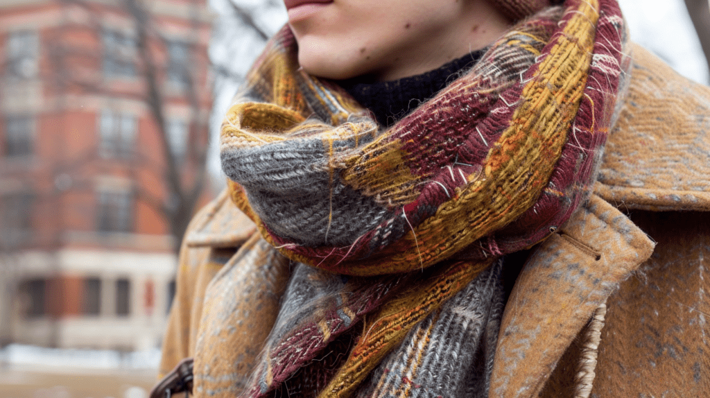 Thrifted winter fashion in Nashville park with wool coat, plaid scarf, and knit beanie.